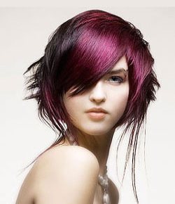 Short black hair with violet fringe and front panels