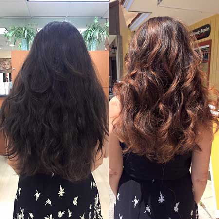 balayage color on long hair before after image - back view