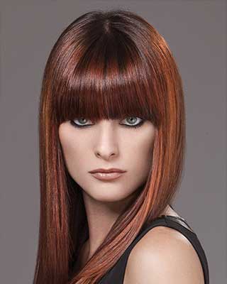 multi dimentional straight hair with blunt bangs