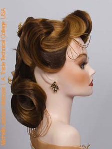 bridal updo design with artificial flowers side view