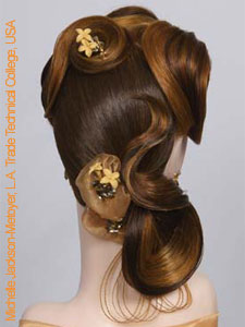 bridal updo design with artificial flowers front view