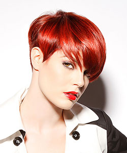 short haircut in hot red color styled straight