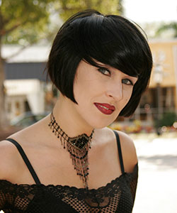 black hair color above chin haircut in classic bob front view