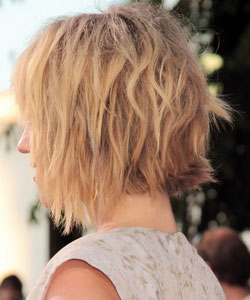Dianna Agron's haircut with wavy bob and shag crossed hairstyle in back view