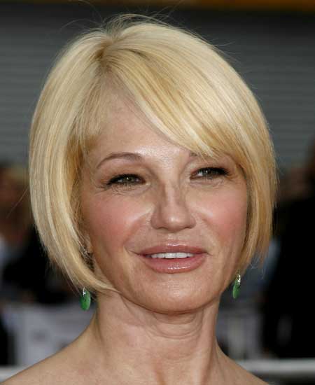 Ellen Barkin, side bangs, similar to inverted bob