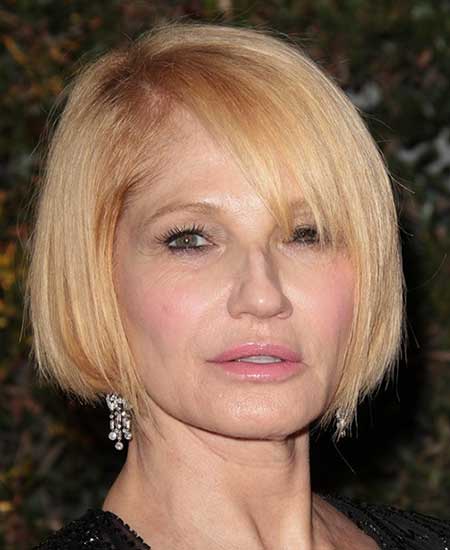 Ellen Barkin, side part, straight chin-length bob