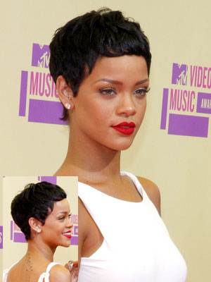 Rihanna with pixie style and dark hair