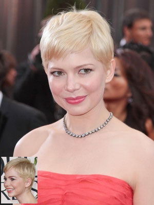 Michelle Williams with pixie crop in blond hair color