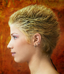 hair model with very short spiky hair golden color in side view