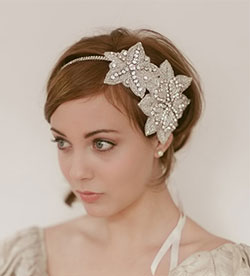 1920s inspired hairstyle with silver rhinestone beaded flapper inspired headband