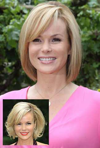 chin-length bob haircut with full bangs in blonde hair color