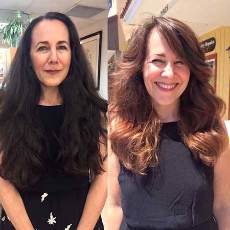 balayage color on long hair before after image - front view