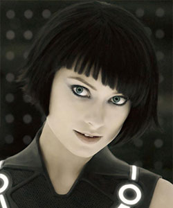 Olivia Wilde in movie Tron with beautiful short blunt bob and black hair color