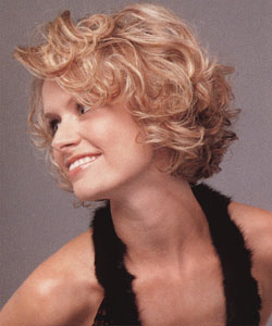 model with short curly hair side view right