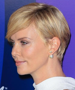 charlize theron with grown pixie cut profile view