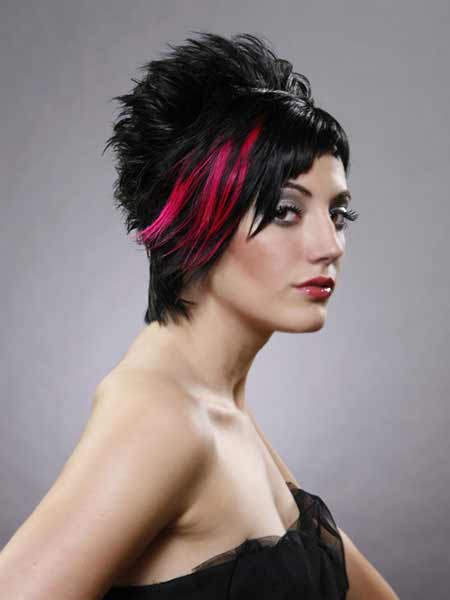 short hair in updo with black hair color with bright red on side