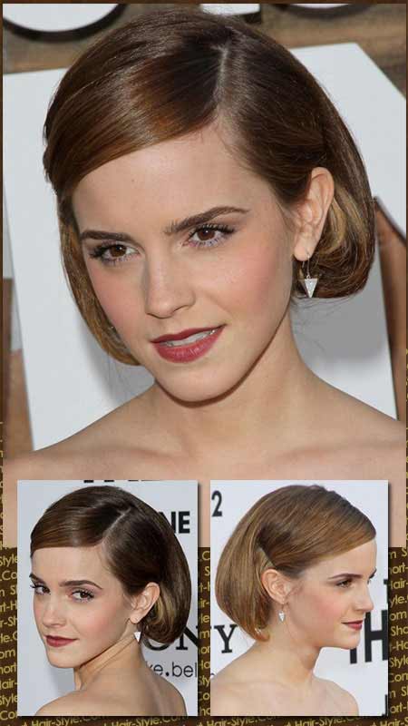Emma Watson with her new faux bob hairstyle in three different views