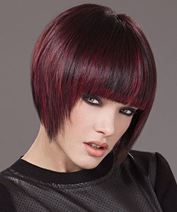 Dark Geometric bob hair cut with red violet highlights