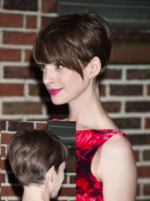 Anne Hathaway with pixie haircut in brown hair color