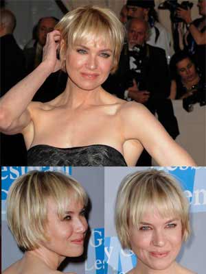 Renee Zellweger sporting short hair with wispy bangs