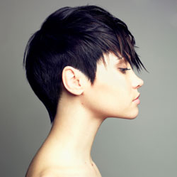 short black hair color chuncky fringe - side view