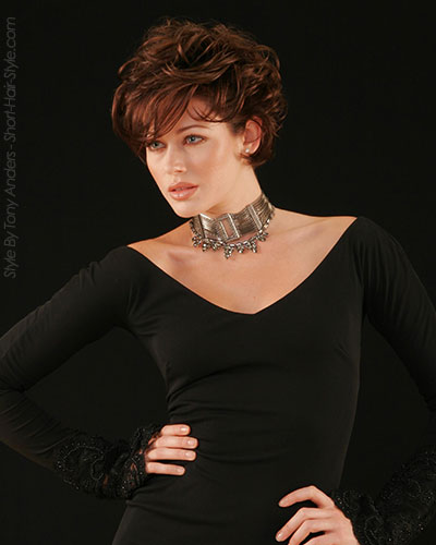model with dark red and textured bangs and ends