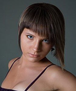 short hair model with angled bangs