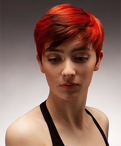 short hair with bright red orange peek-a-boo effect on earthly brown - fron view